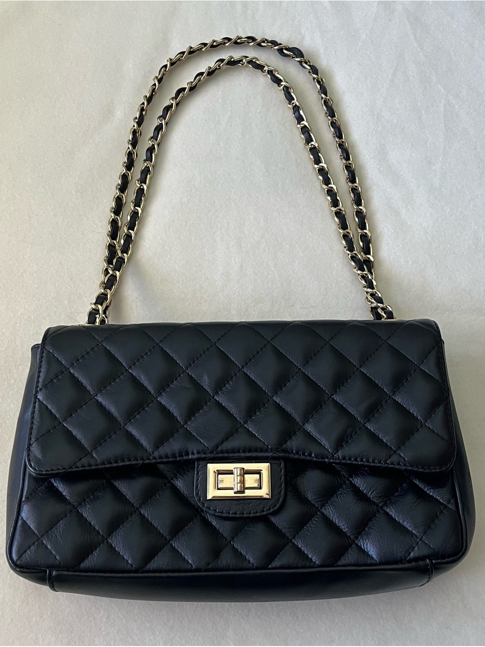 Black Quilted Italian Leather Chain-Handle Shoulder Bag